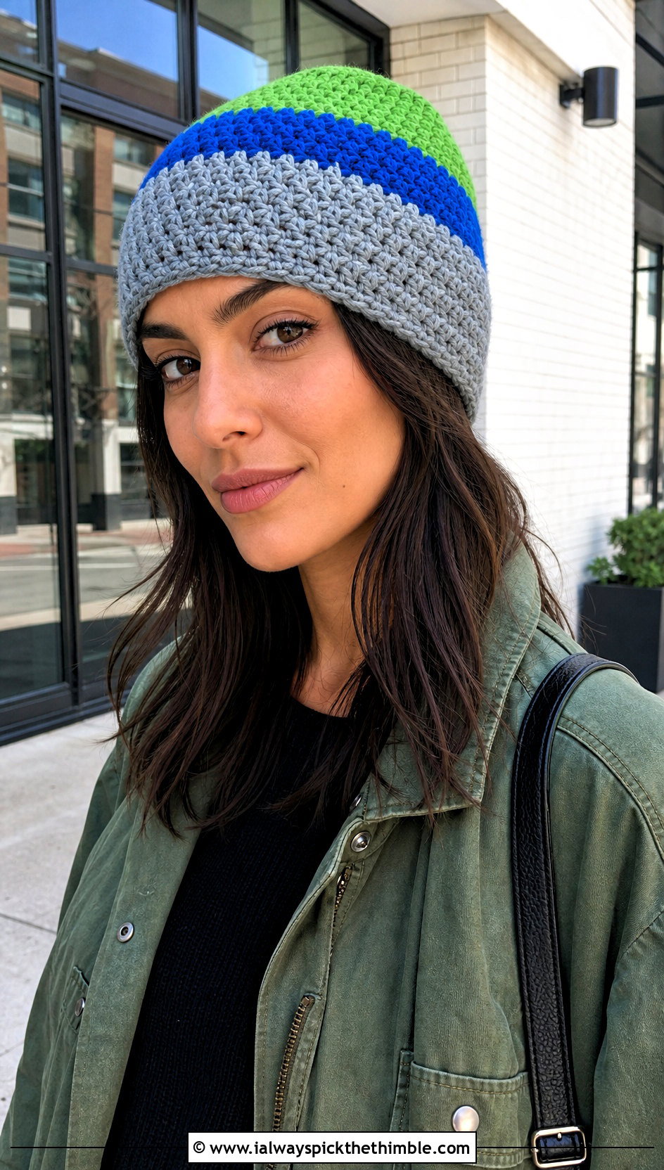 Color Block Crochet Beanie With Utility Jacket And Black Denim - 20 crochet beanies for women outfit ideas