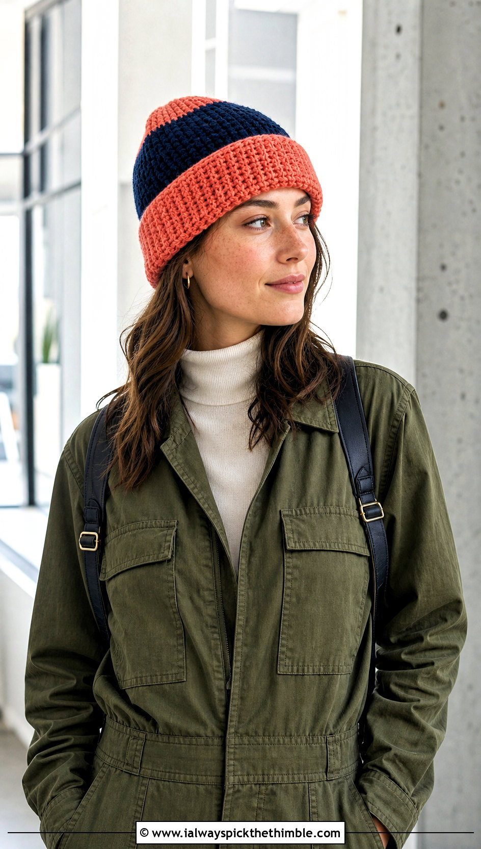Color Block Crochet Beanie With Utility Jumpsuit - 20 unique crochet beanie outfit ideas
