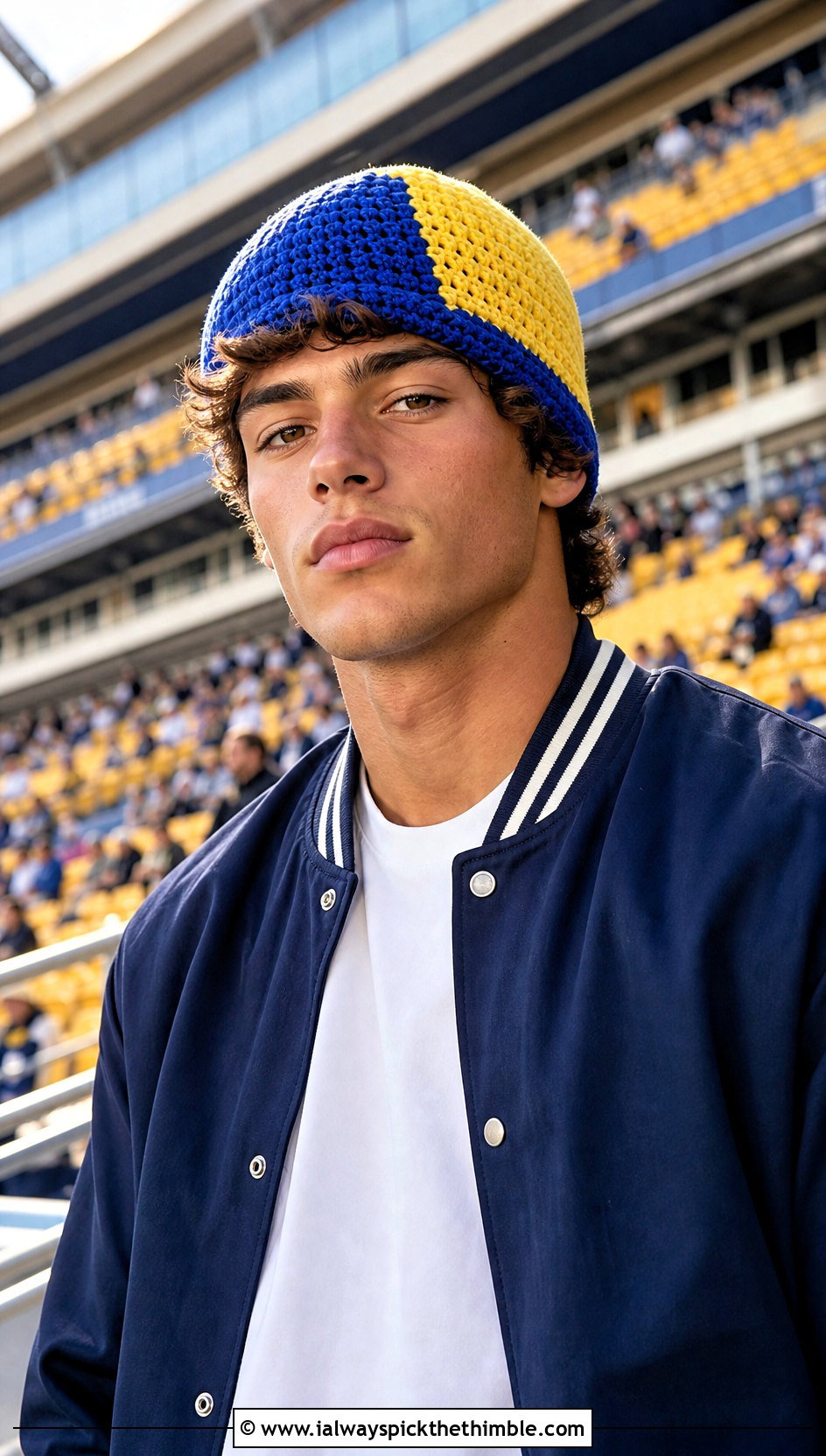 Color Block Crochet Beanie With Varsity Jacket - 20 easy crochet beanie for men outfit ideas