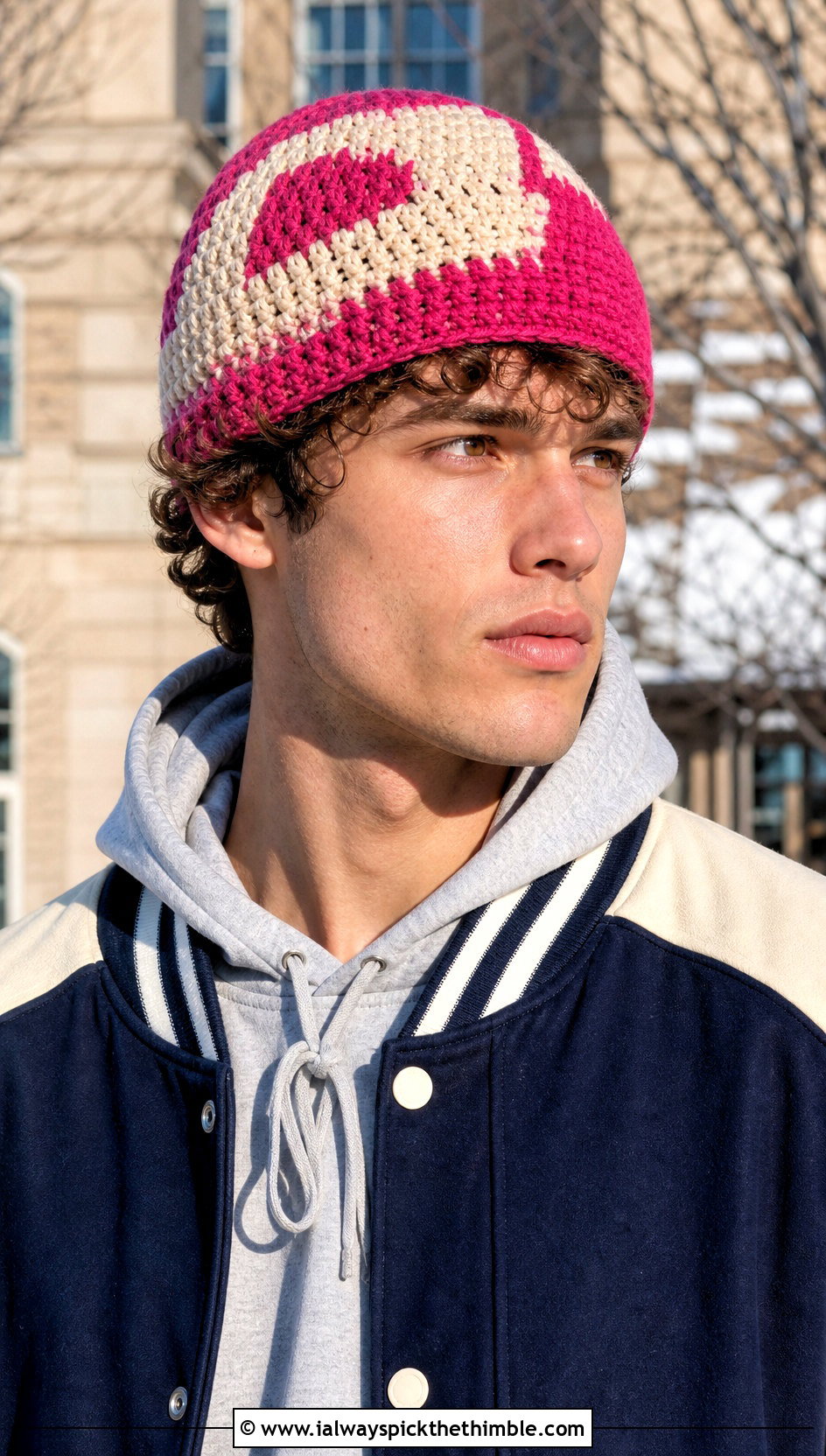 Color Block Crochet Beanie With Varsity Jacket - 20 mens winter crochet hats outfit ideas
