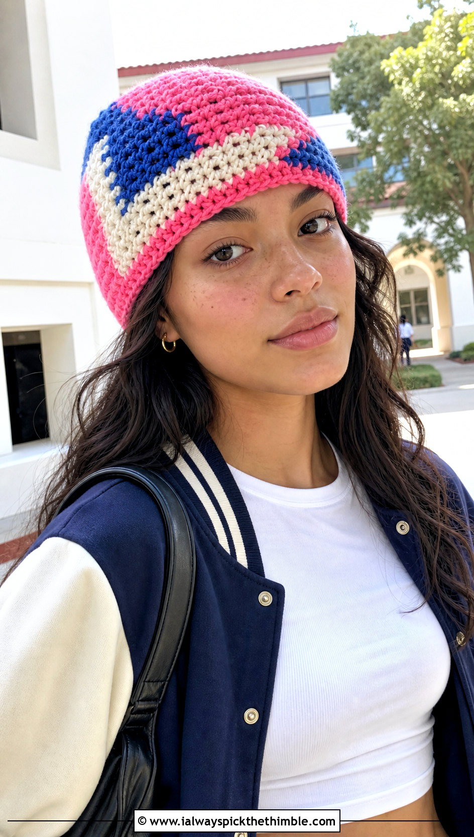 Color Block Crochet Beanie With Varsity Jacket - 25 cute crochet beanies outfit ideas