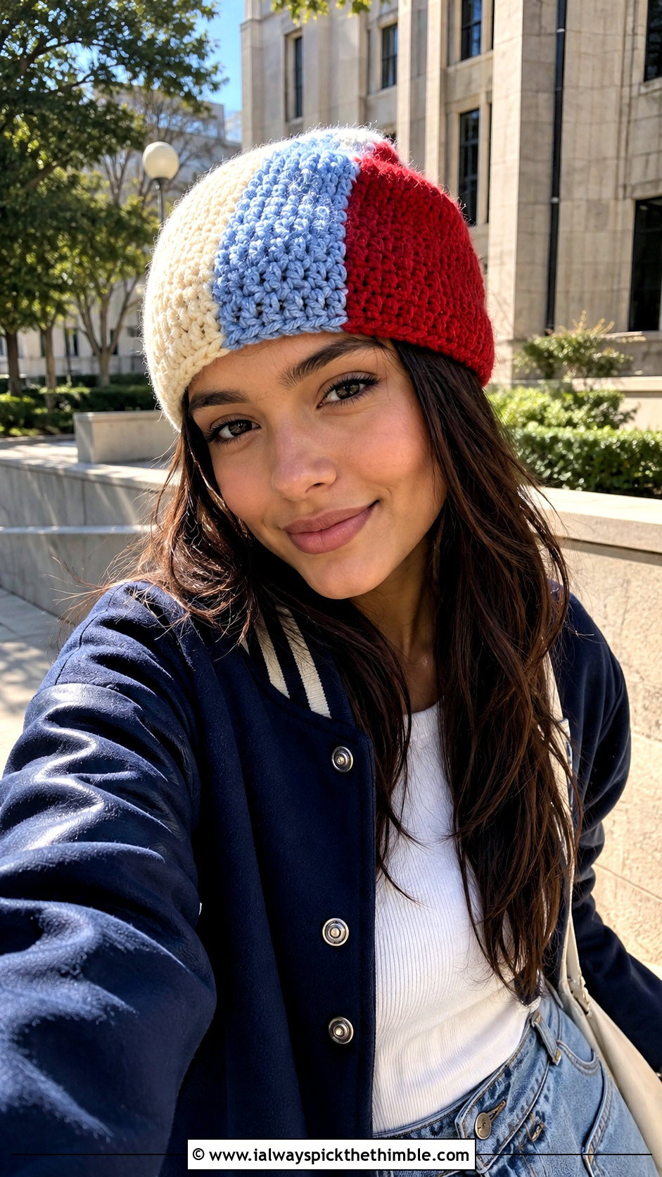 Color Block Crochet Beanie With Varsity Jacket And Carpenter Jeans - 25 crochet winter hats outfit ideas