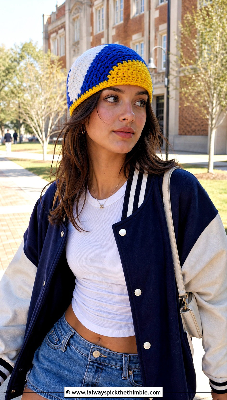 Color Block Crochet Beanie With Varsity Jacket And Mini Skirt - 25 crochet beanies outfit ideas