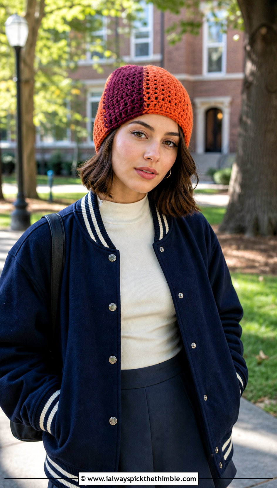 Color Block Crochet Beanie With Varsity Jacket And Mini Skirt - 25 crochet beanie hat outfit ideas