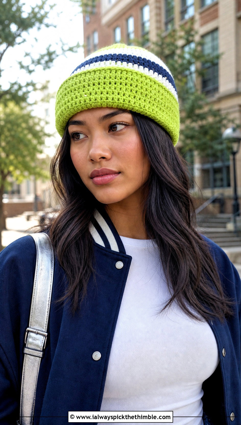 Color Block Crochet Beanie With Varsity Jacket - 15 Crochet Woolly Hat outfit ideas