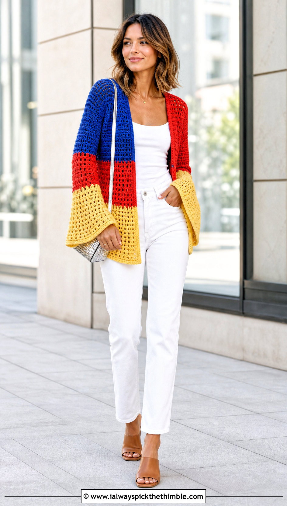 Color Block Crochet Bell Sleeve Cardigan With White Denim - 20 crochet bell sleeve cardigan outfit ideas