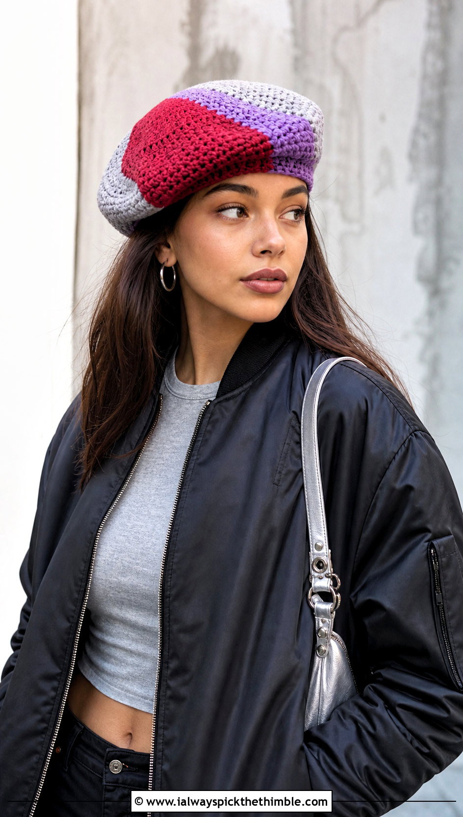 Color Block Crochet Beret With Bomber Jacket - 20 crochet berets outfit ideas