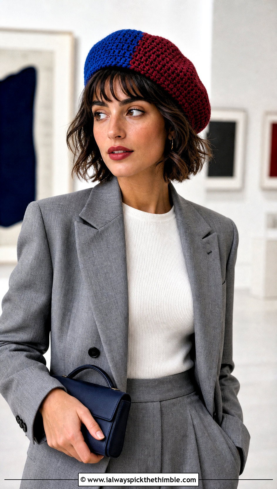 Color Block Crochet Beret With Monochrome Suit - 15 simple crochet beret outfit ideas