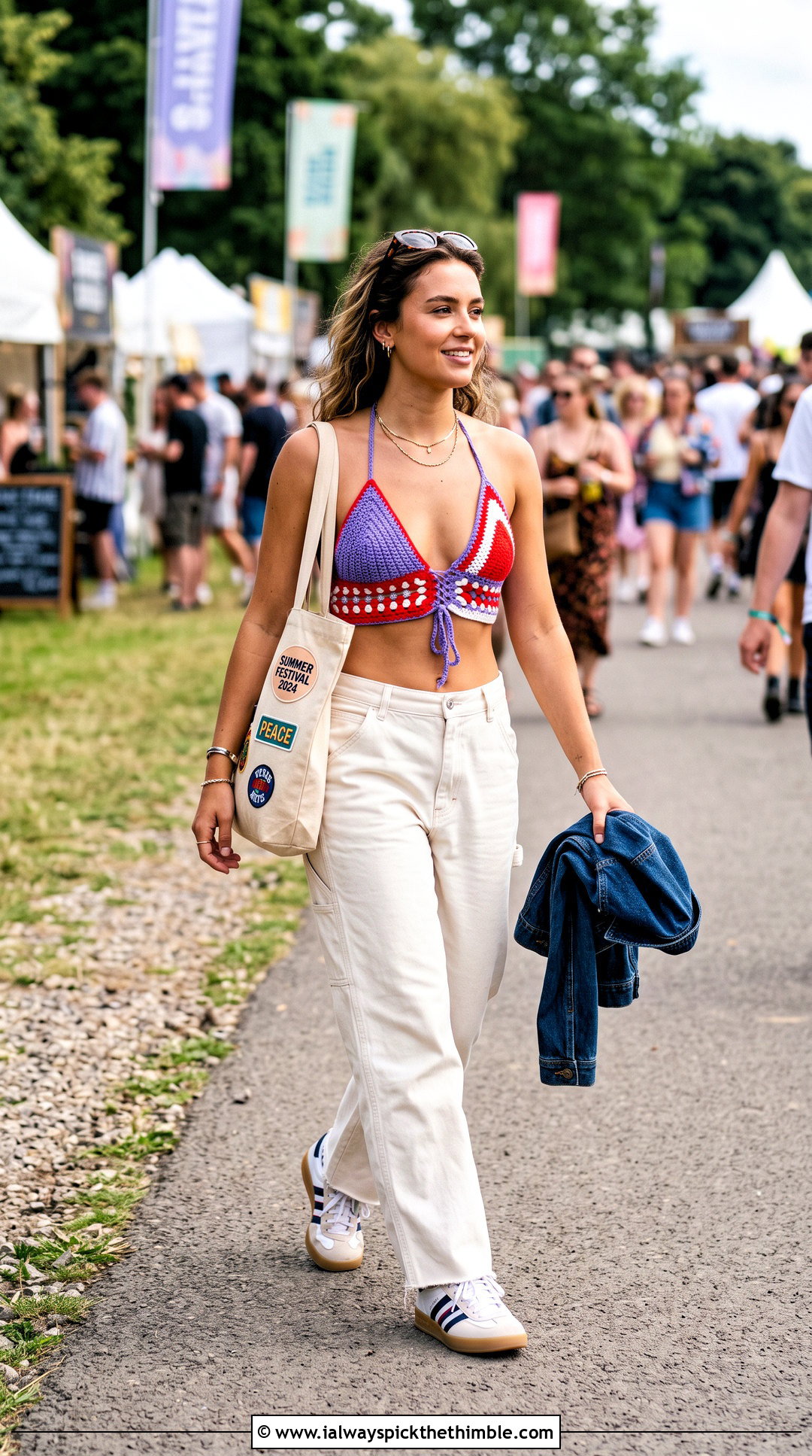 Color Block Crochet Bikini With Carpenter Jeans - 25 crochet bikinis outfit ideas
