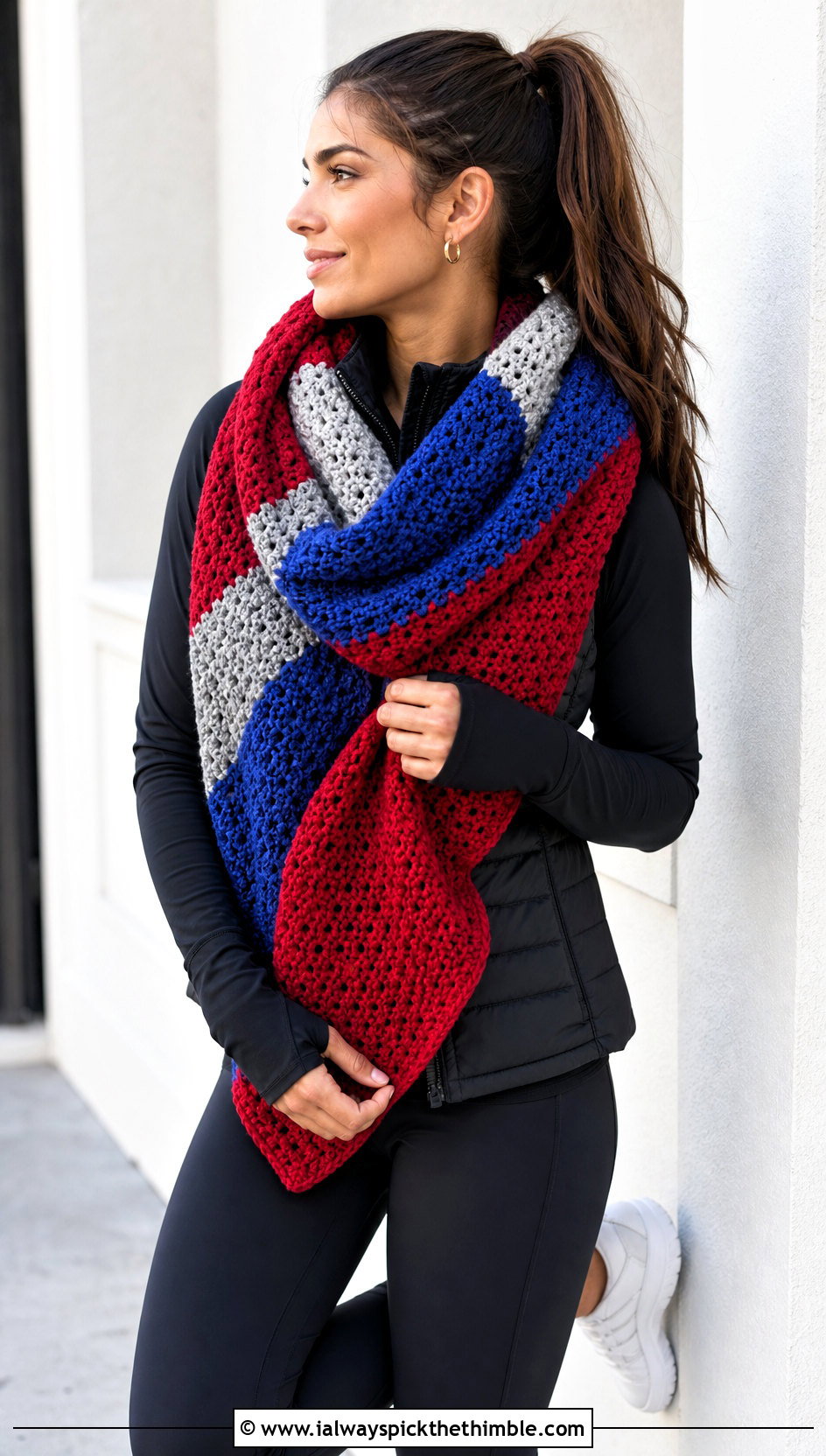 Color Block Crochet Blanket Scarf With Leggings - 25 crochet blanket scarf outfit ideas