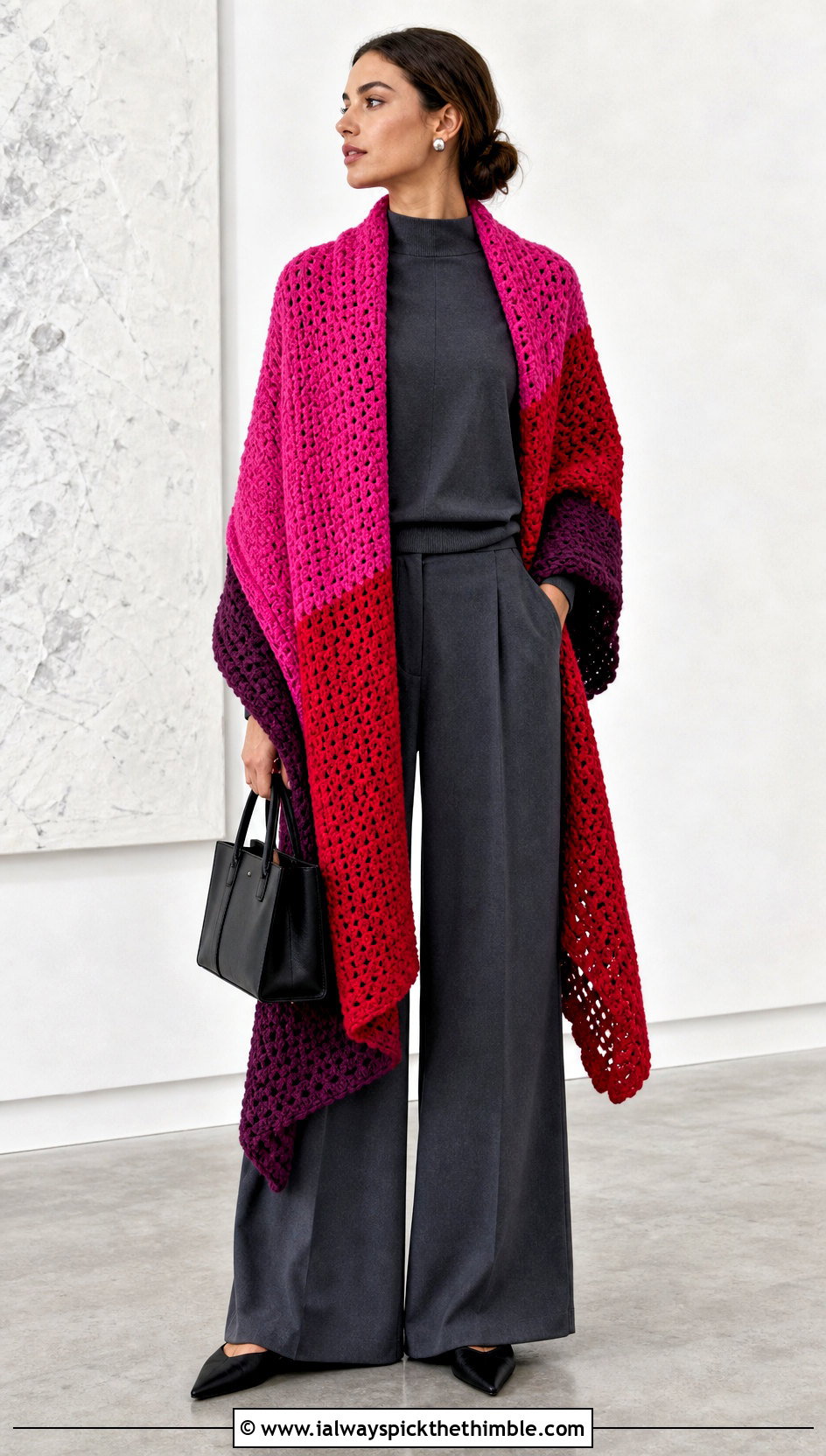 Color Block Crochet Blanket Shawl With Monochrome Separates - 15 Crochet Shawl Blanket outfit ideas