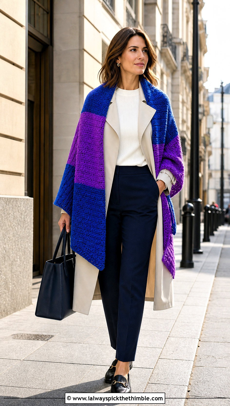 Color Block Crochet Blanket Shawl With Trench Coat - 20 crochet blanket shawl outfit ideas
