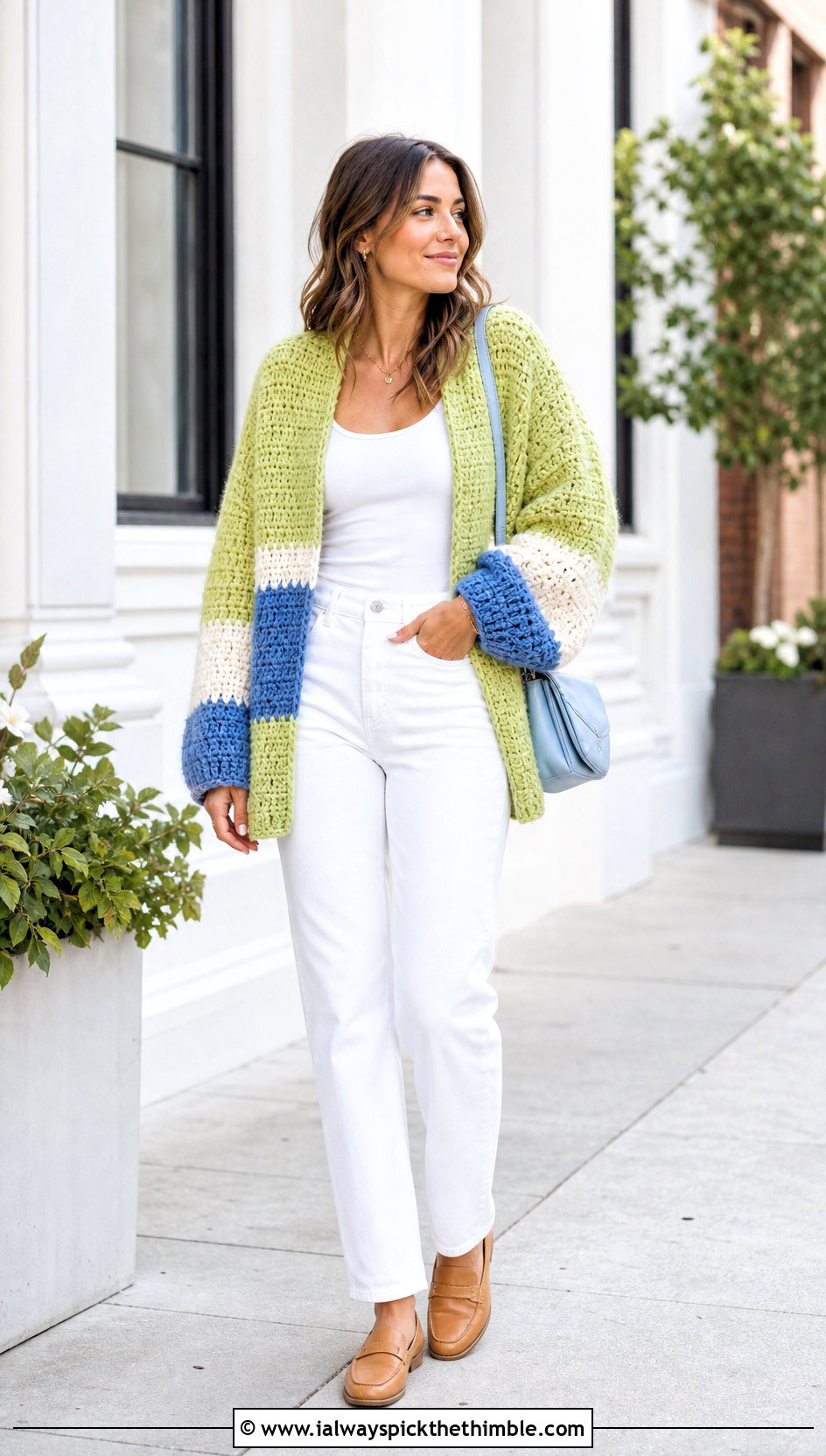 Color Block Crochet Blanket Sweater With White Jeans - 20 crochet blanket sweater outfit ideas