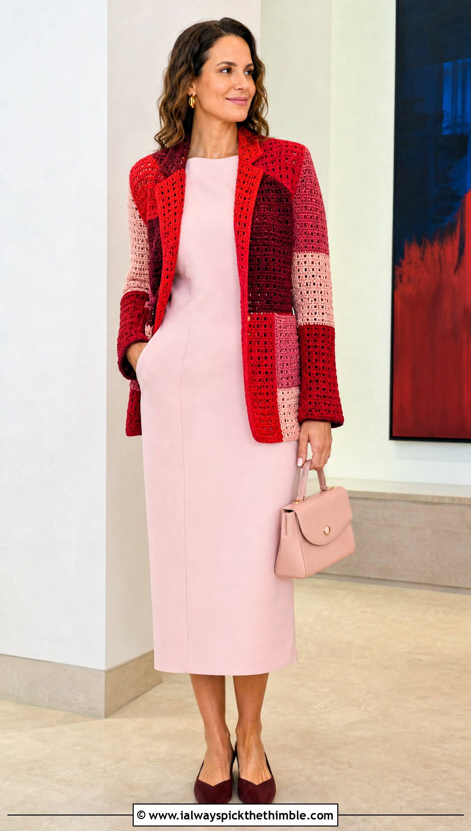 Color Block Crochet Blazer With Midi Dress - 25 crochet blazer outfit ideas