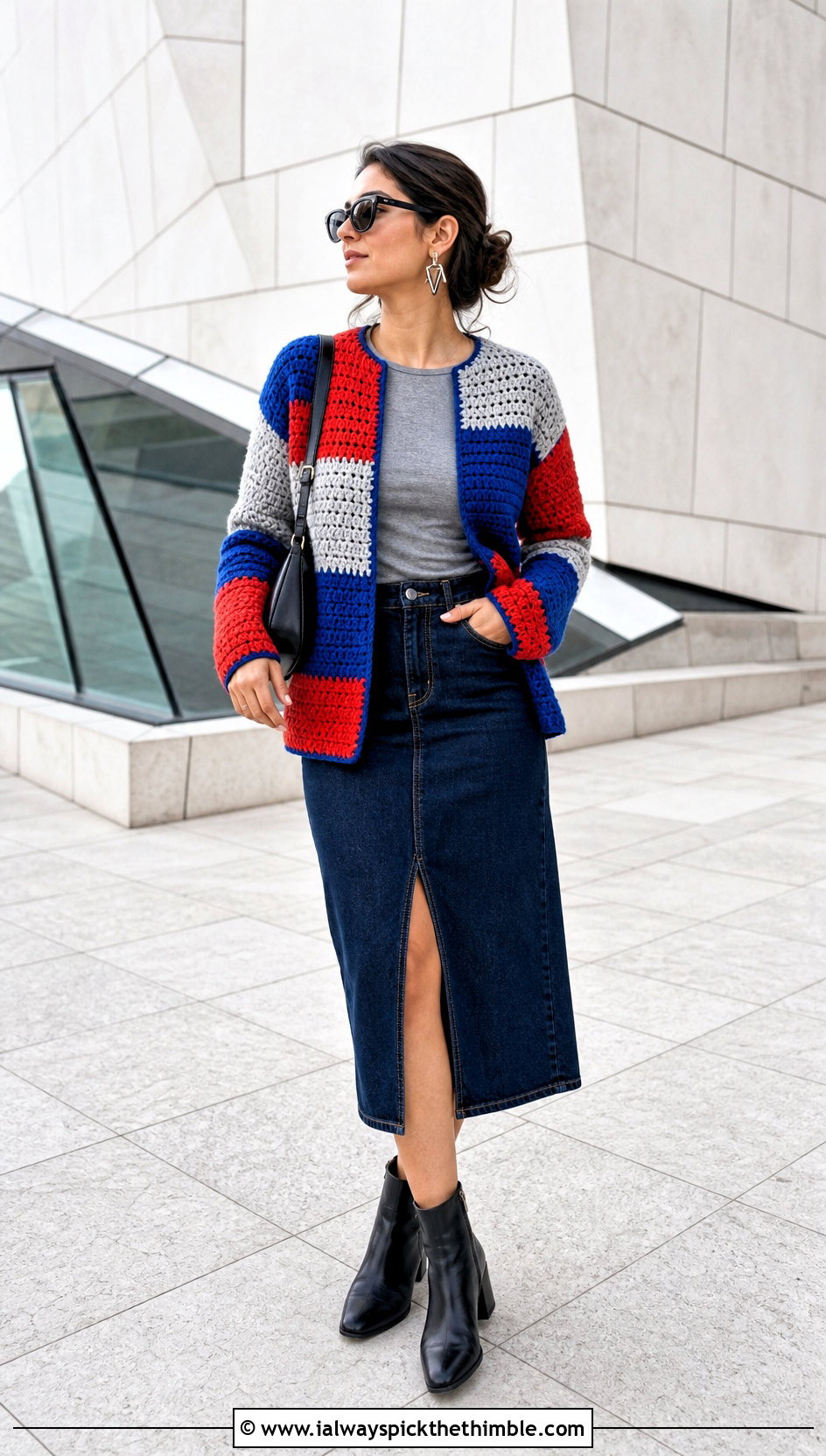 Color Block Crochet Bog Jacket With Denim Skirt - 25 Crochet Bog Jacket outfit ideas