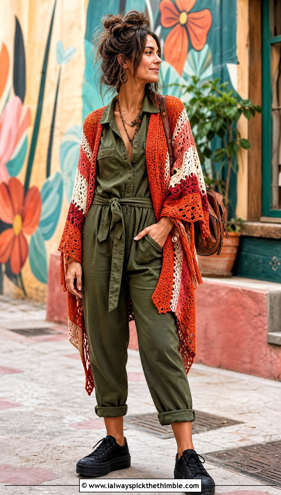 Color Block Crochet Boho Poncho With Utility Jumpsuit - 20 crochet boho poncho outfit ideas