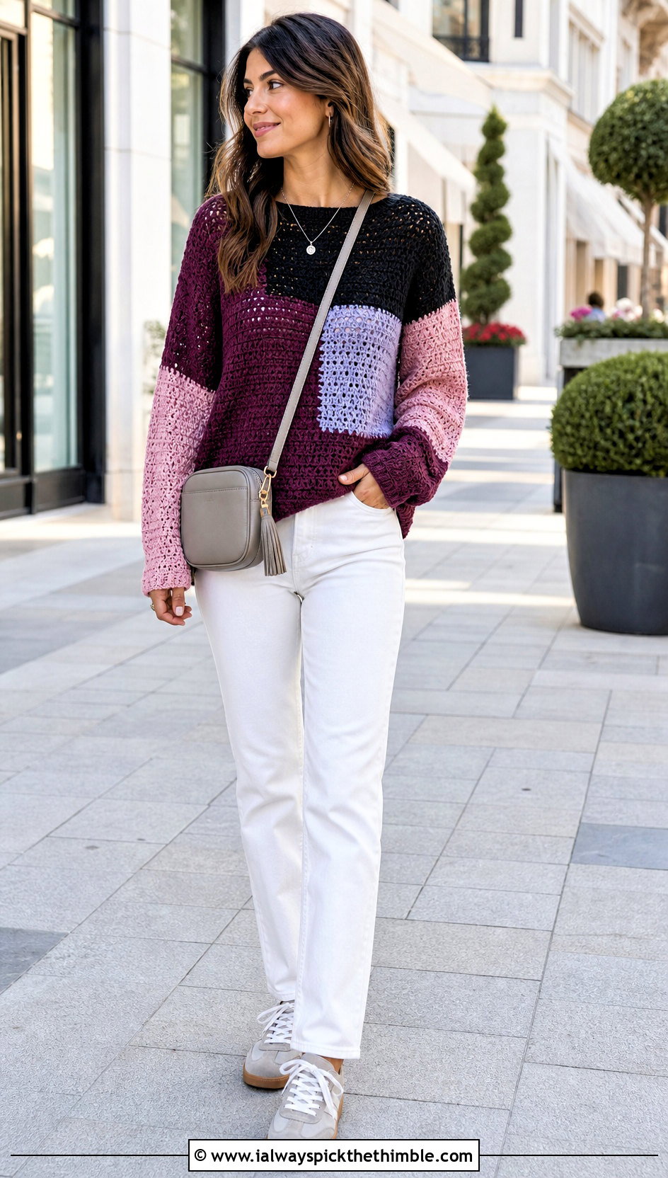 Color Block Crochet Boho Sweater With White Jeans - 20 crochet boho sweater outfit ideas