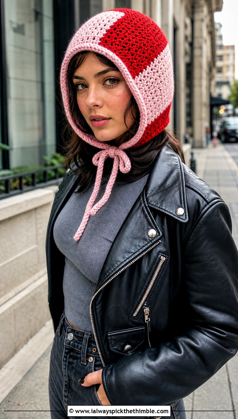 Color Block Crochet Bonnet With Leather Jacket - 20 Easy Crochet Bonnet outfit ideas