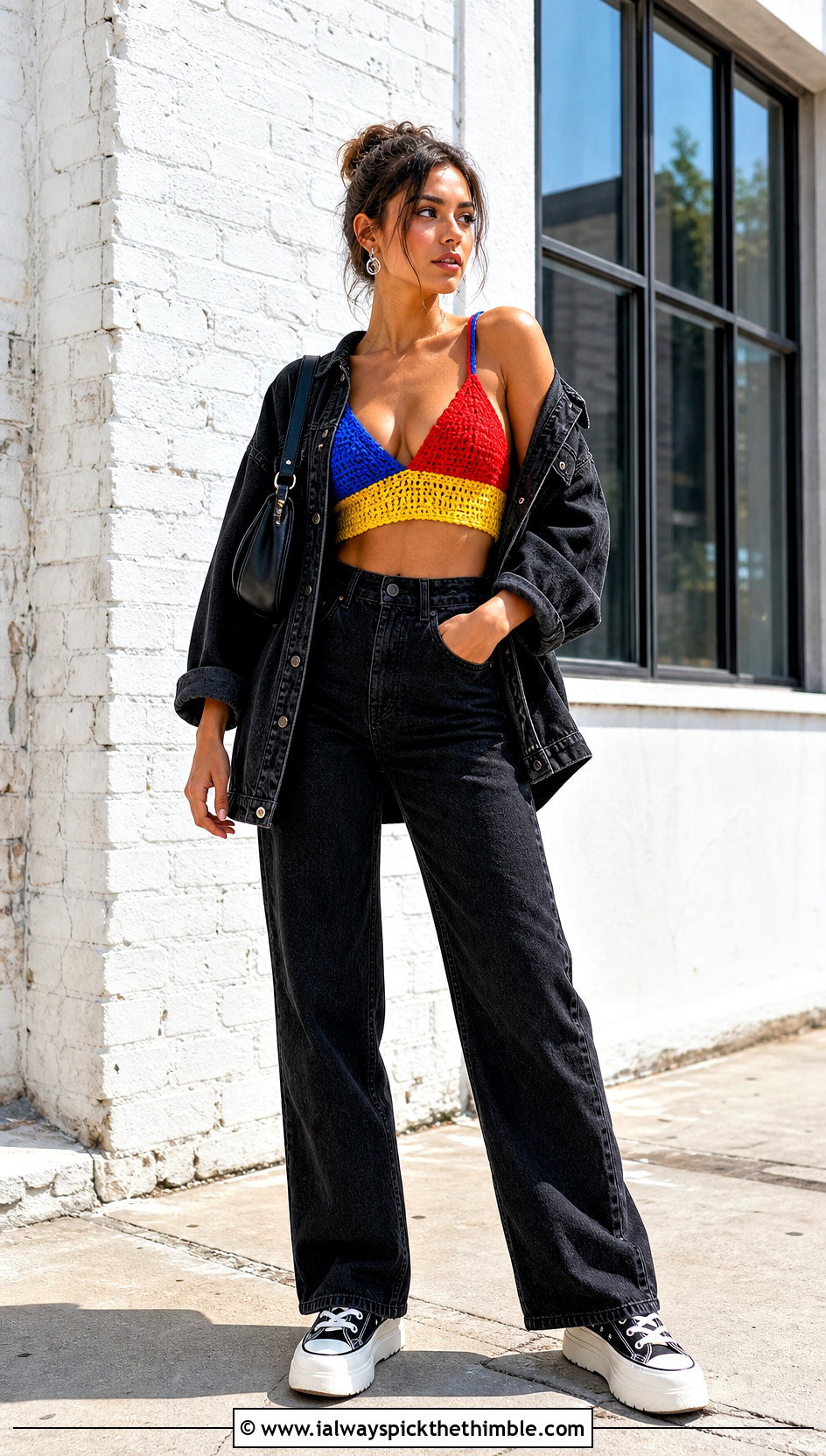 Color Block Crochet Bra With Black Denim - 25 crochet bra outfit ideas