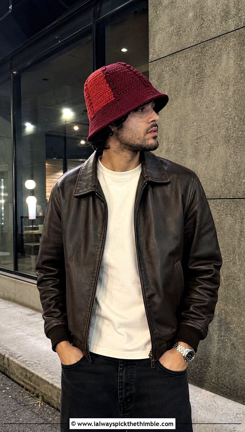 Color Block Crochet Bucket Hat With Leather Jacket And Black Jeans - 15 Crochet Mens Bucket Hat outfit ideas