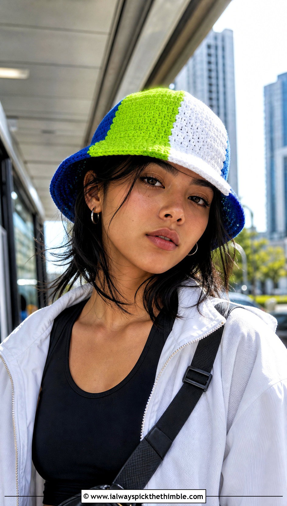 Color Block Crochet Bucket Hat With Track Jacket And Leggings - 25 crochet bucket hat outfit ideas