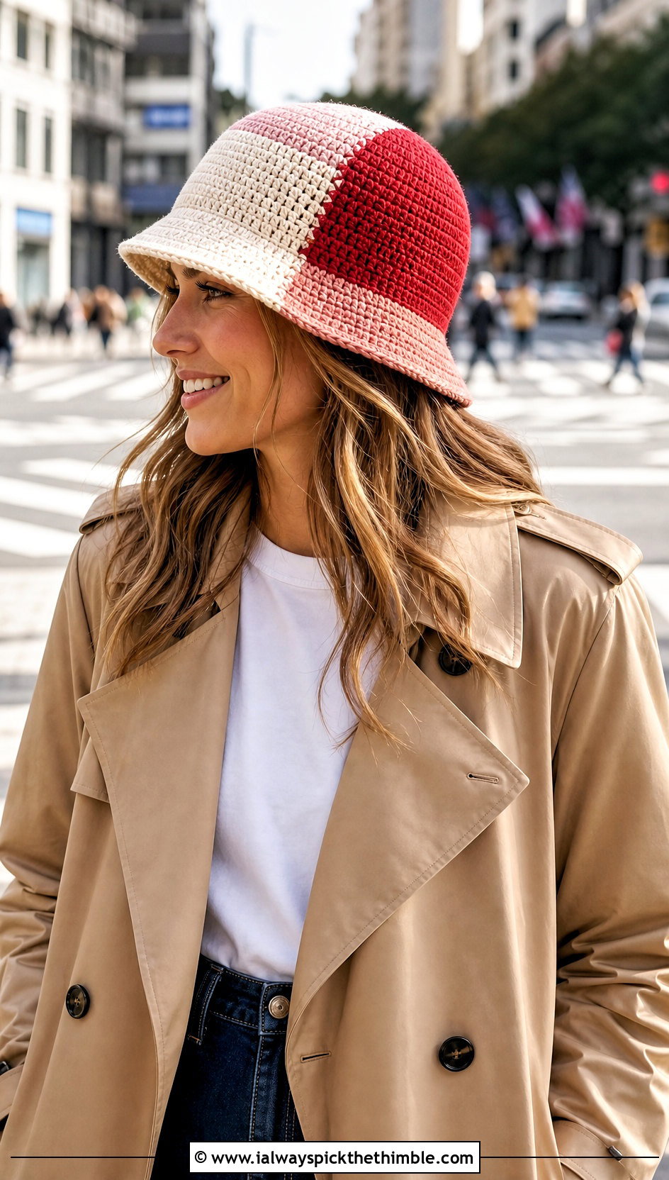 Color Block Crochet Bucket Hat With Trench Coat And Denim - 20 Easy Crochet Bucket Hats outfit ideas