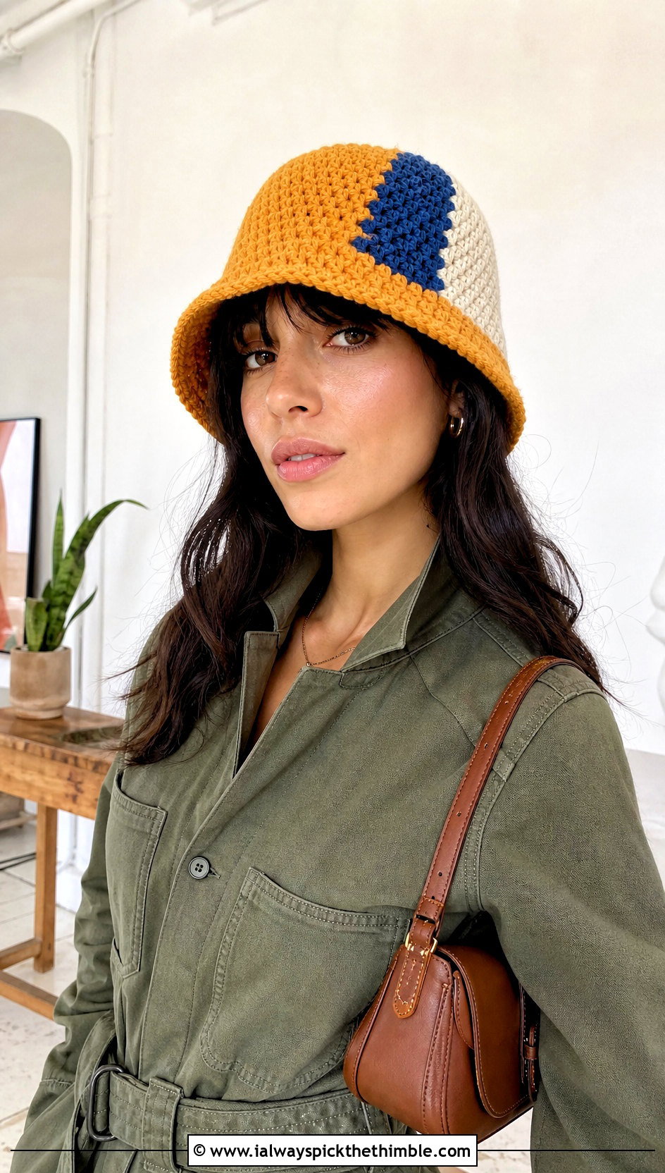 Color Block Crochet Bucket Hat With Utility Jumpsuit - 20 beginner crochet hat outfit ideas