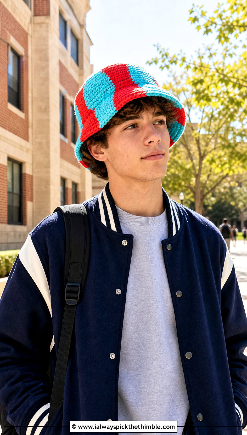 Color Block Crochet Bucket Hat With Varsity Jacket And Sweatpants - 20 crochet bucket hat men outfit ideas