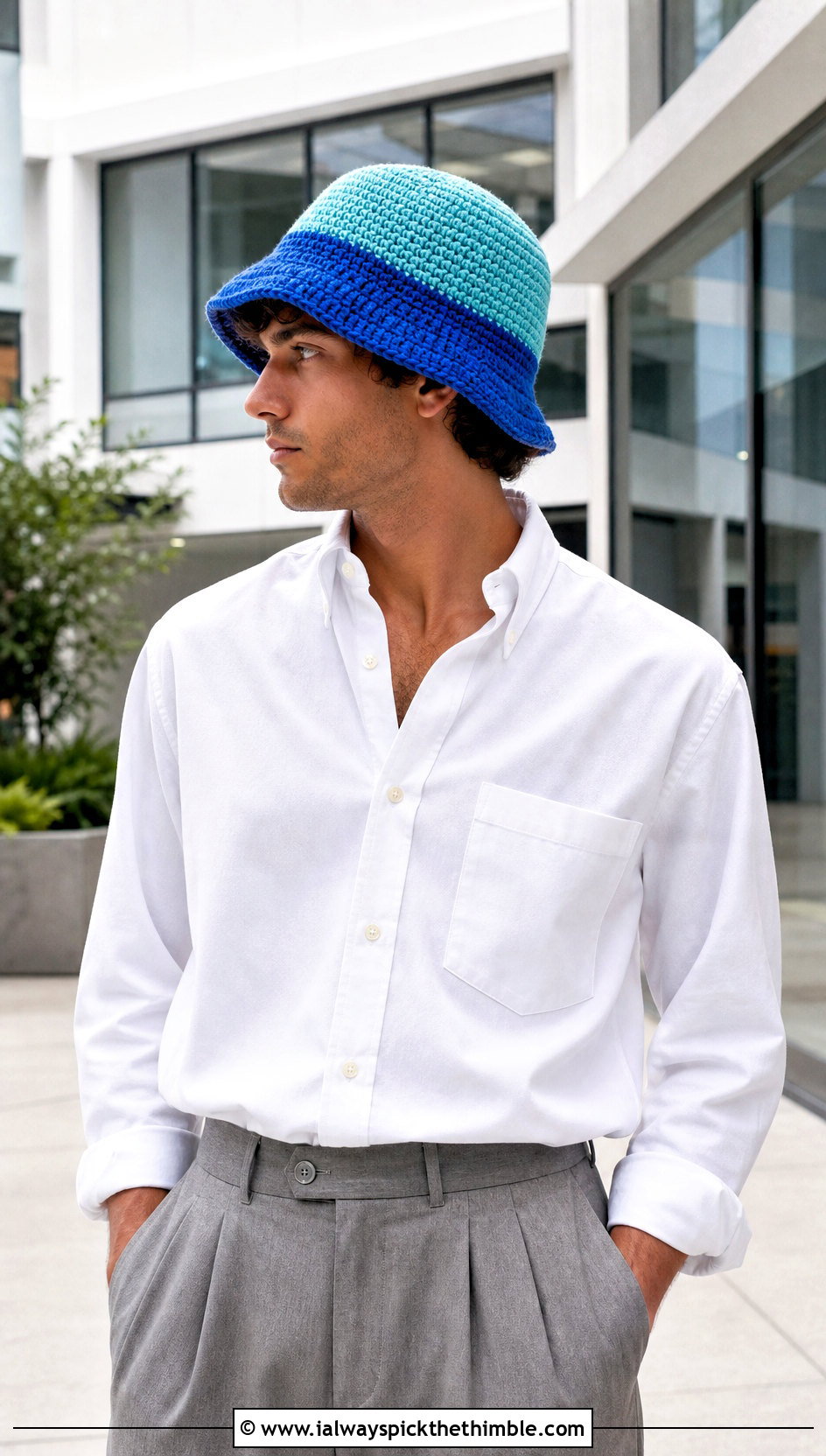 Color Block Crochet Bucket Hat With White Shirt And Pleated Trousers - 25 men crochet bucket hat outfit ideas