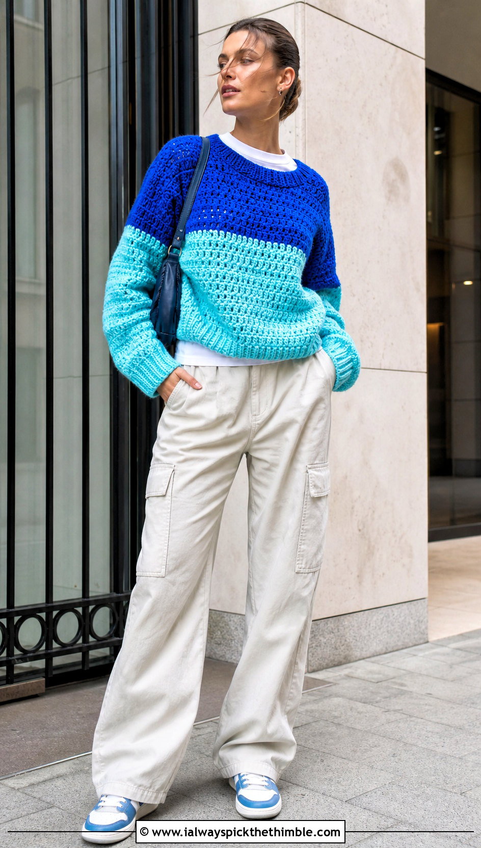 Color Block Crochet Bulky Sweater With Cargo Pants - 20 Crochet Bulky Sweater outfit ideas