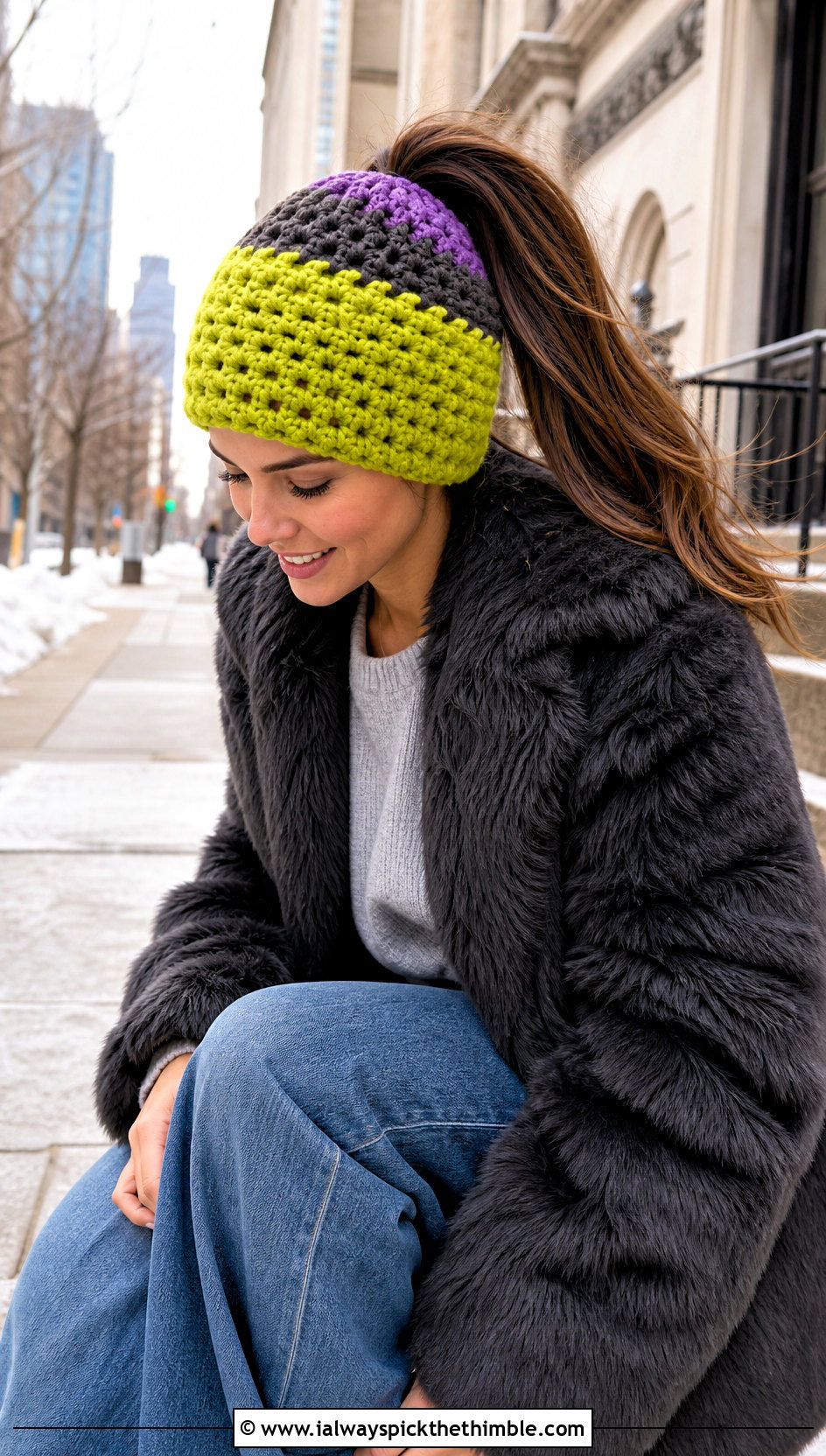 Color Block Crochet Bun Hat With Faux Fur Coat And Wide Leg Jeans - 15 Crochet Bun Hats outfit ideas