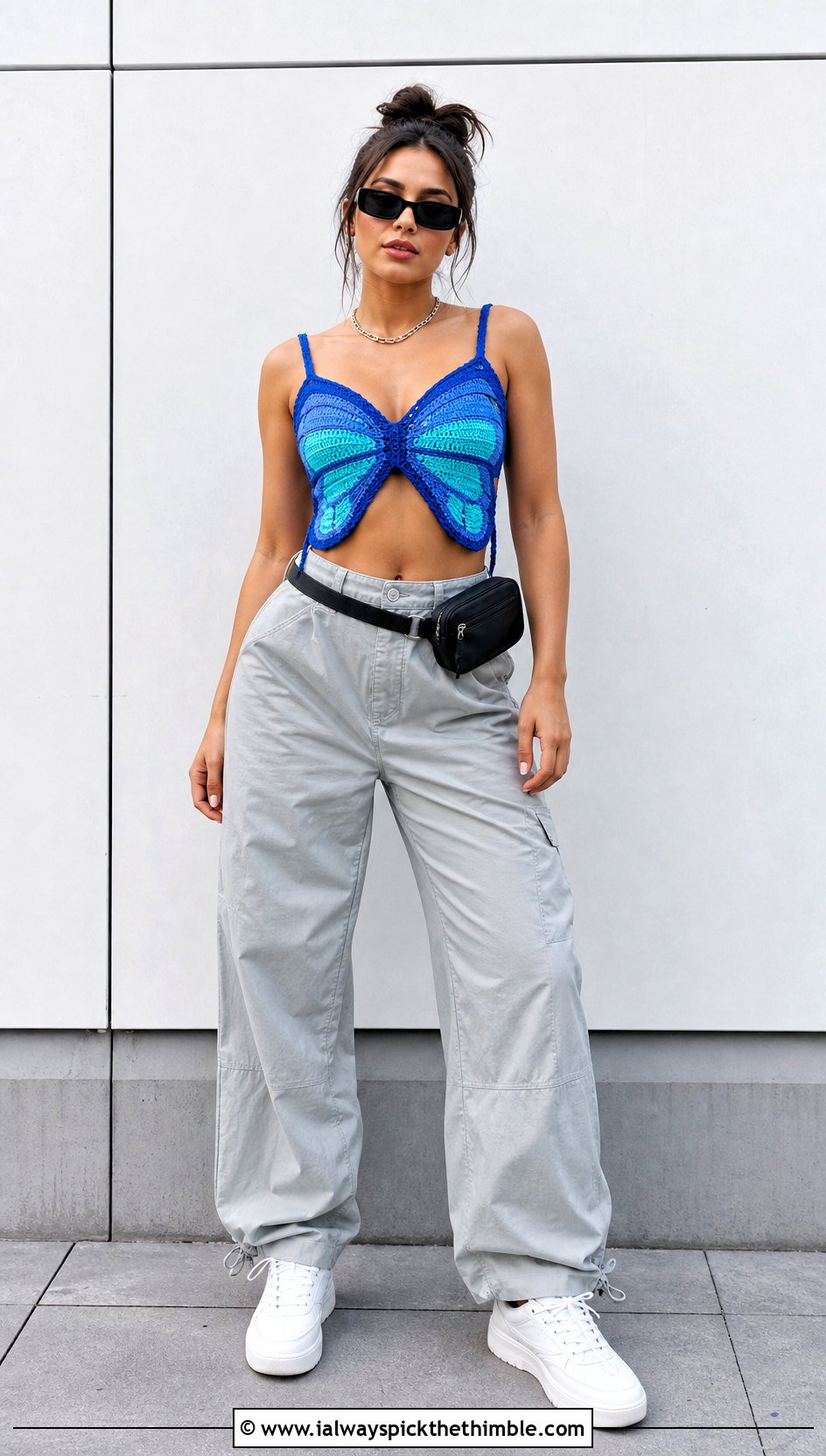 Color Block Crochet Butterfly Top With Parachute Pants - 25 Crochet Butterfly Top outfit ideas