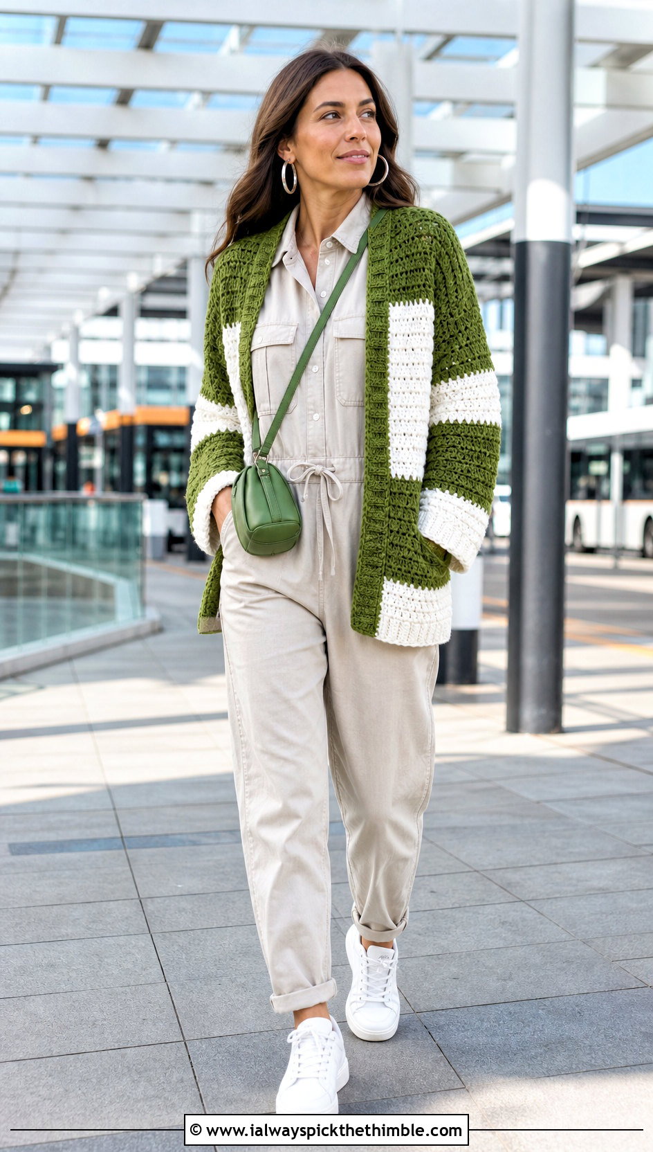 Color Block Crochet Cardigan With A Utility Jumpsuit - 20 green and white crochet cardigan outfit ideas