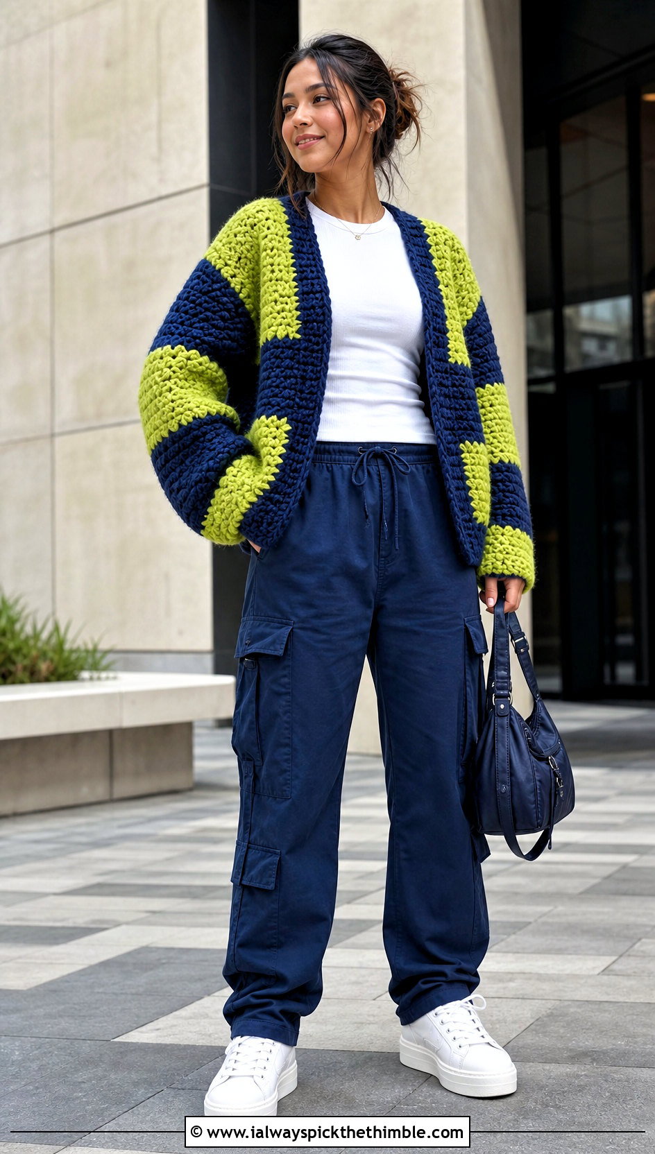 Color Block Crochet Cardigan With Cargo Pants - 20 Thick Yarn Crochet Cardigan outfit ideas