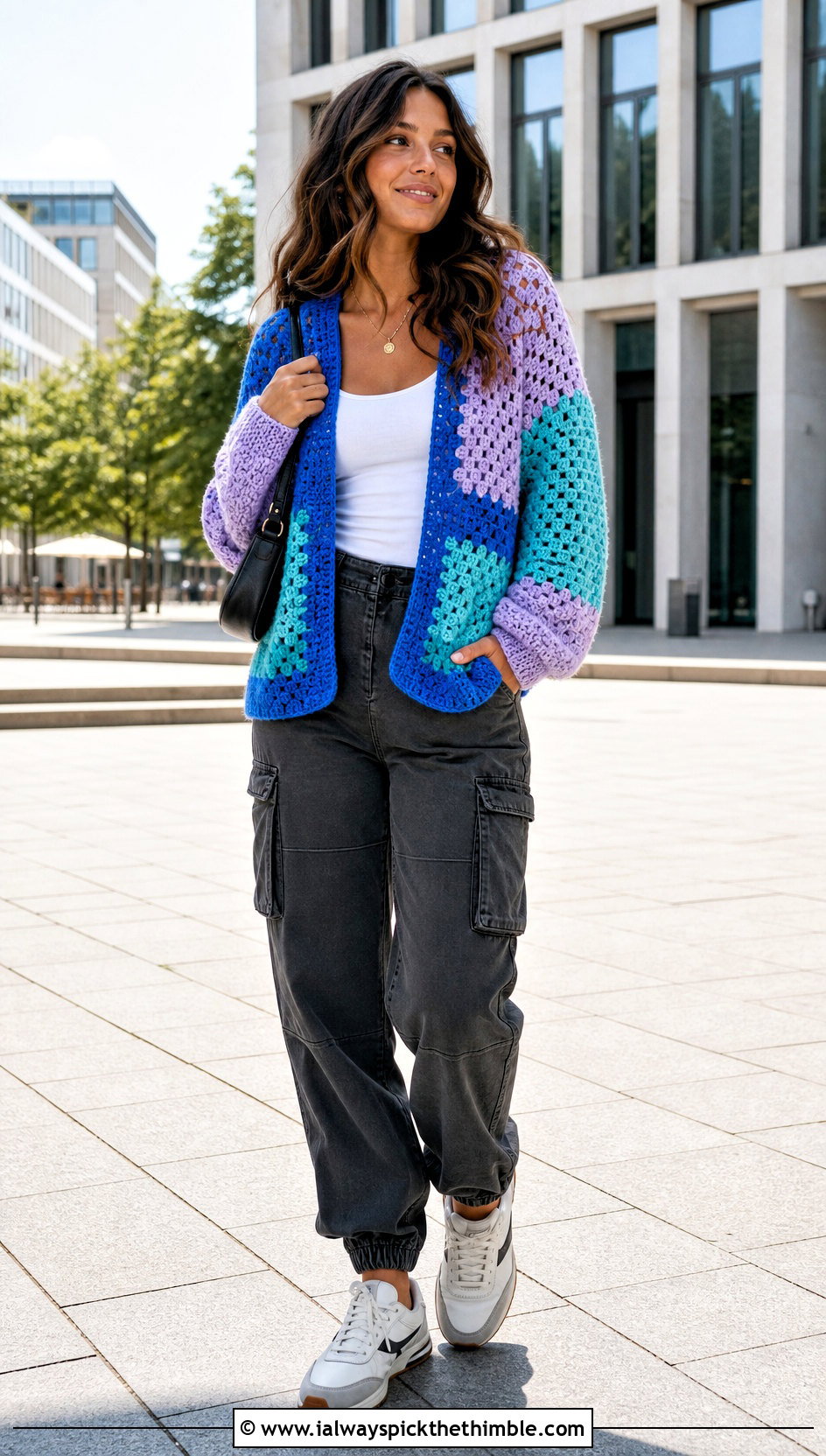 Color Block Crochet Cardigan With Cargo Pants - 20 bohemian crochet cardigan outfit ideas