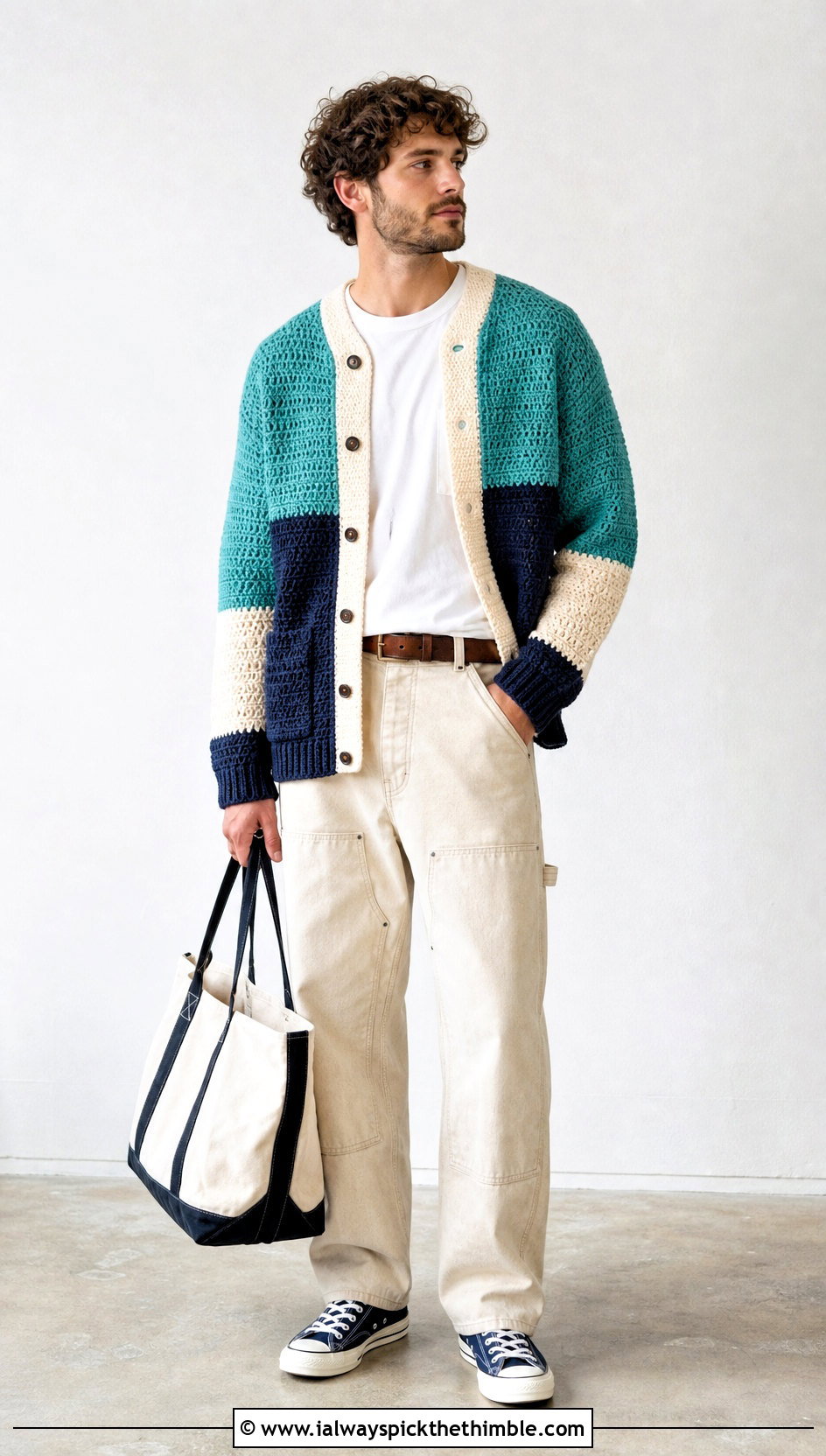Color Block Crochet Cardigan With Carpenter Jeans - 20 crochet man cardigan outfit ideas