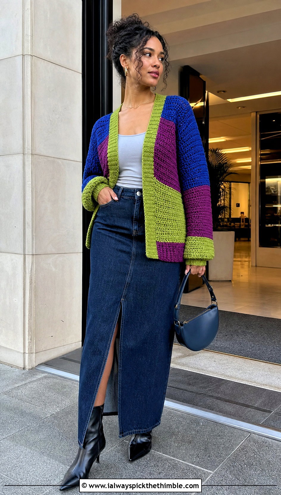 Color Block Crochet Cardigan With Denim Maxi Skirt - 20 womens crochet cardigan outfit ideas