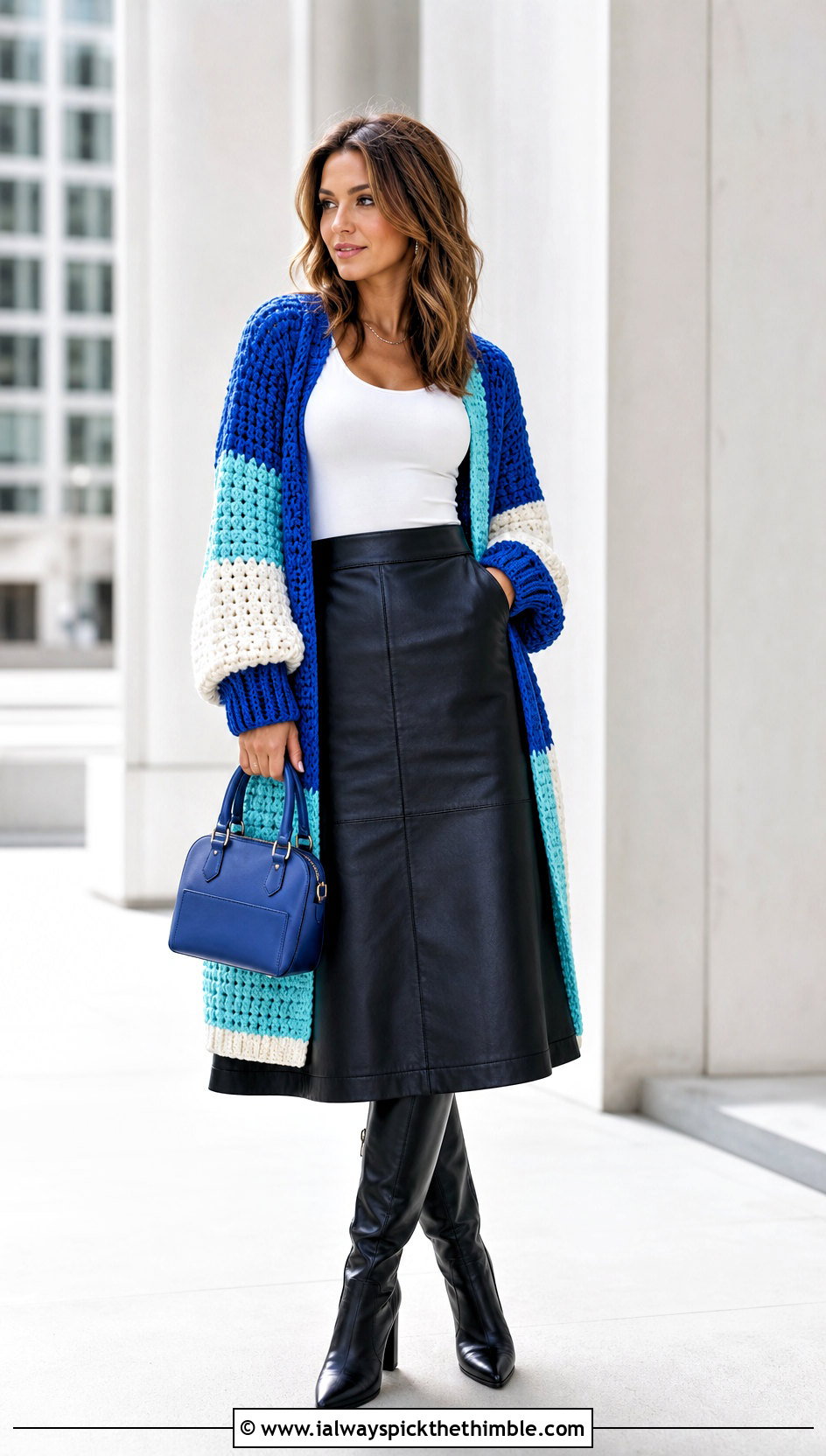 Color Block Crochet Cardigan With Leather Midi Skirt - 25 fall crochet cardigan outfit ideas