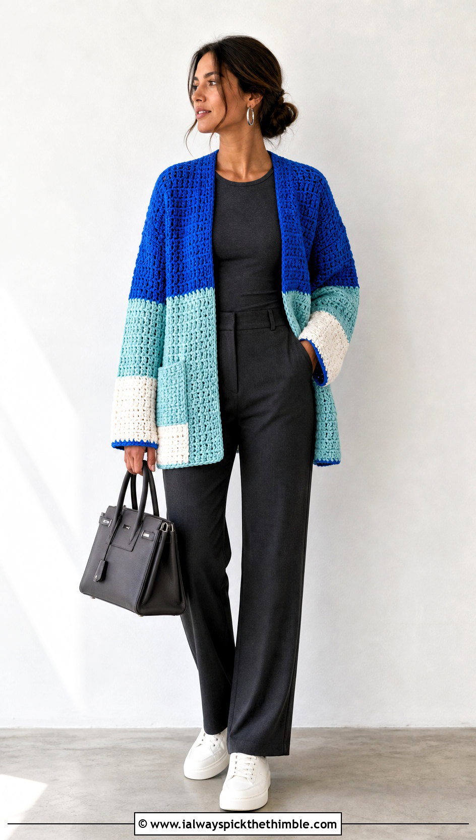 Color Block Crochet Cardigan With Monochrome Basics - 20 basic crochet cardigan outfit ideas