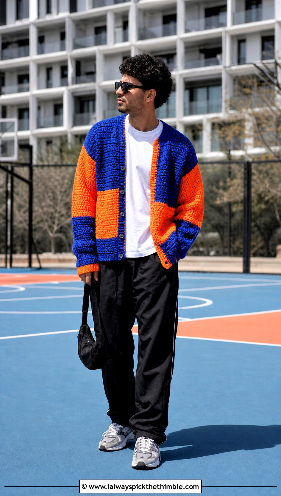 Color Block Crochet Cardigan With Track Pants - 25 crochet cardigan men outfit ideas