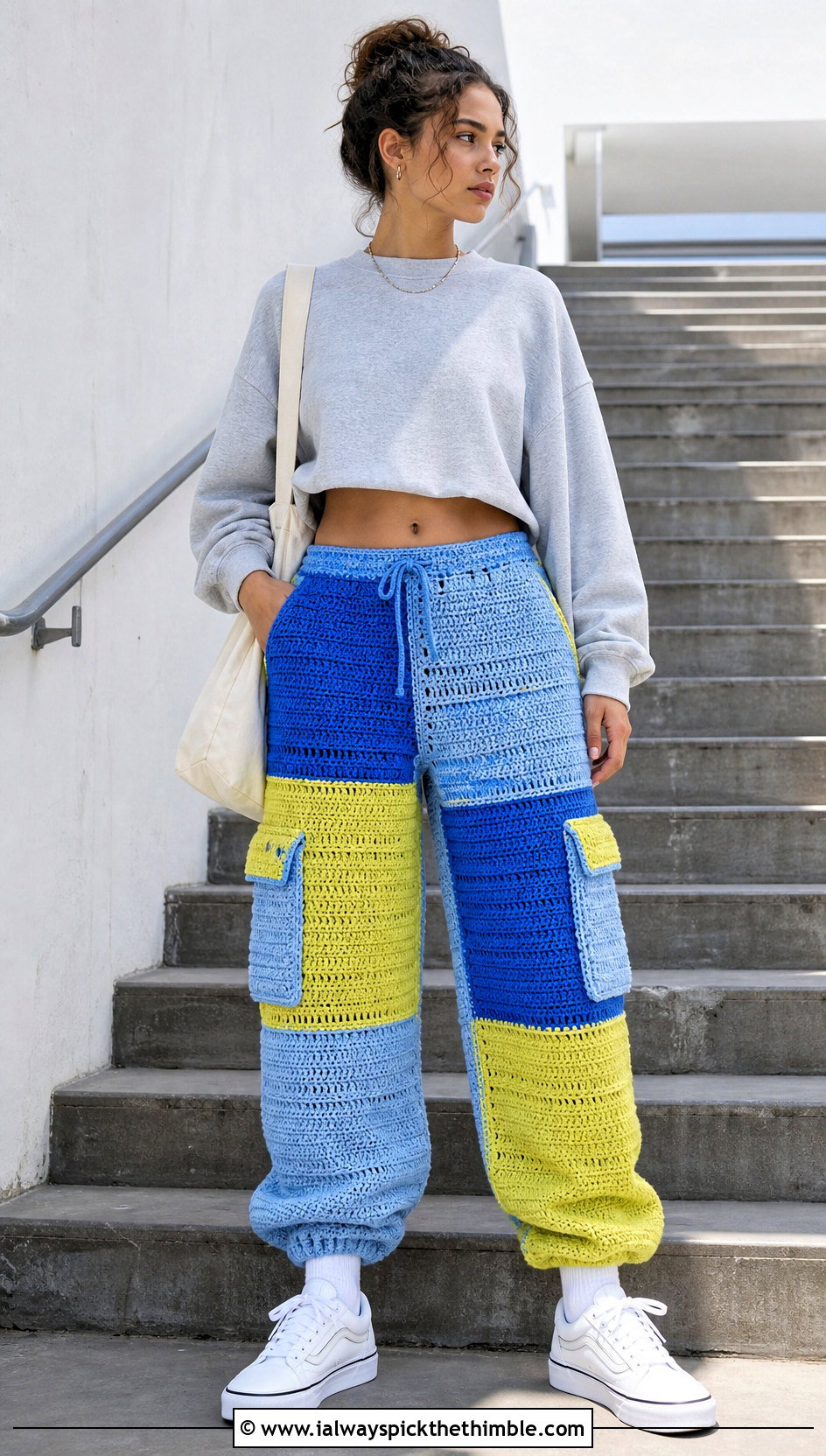 Color Block Crochet Cargo Pants With Cropped Sweatshirt - 25 crochet cargo pants outfit ideas
