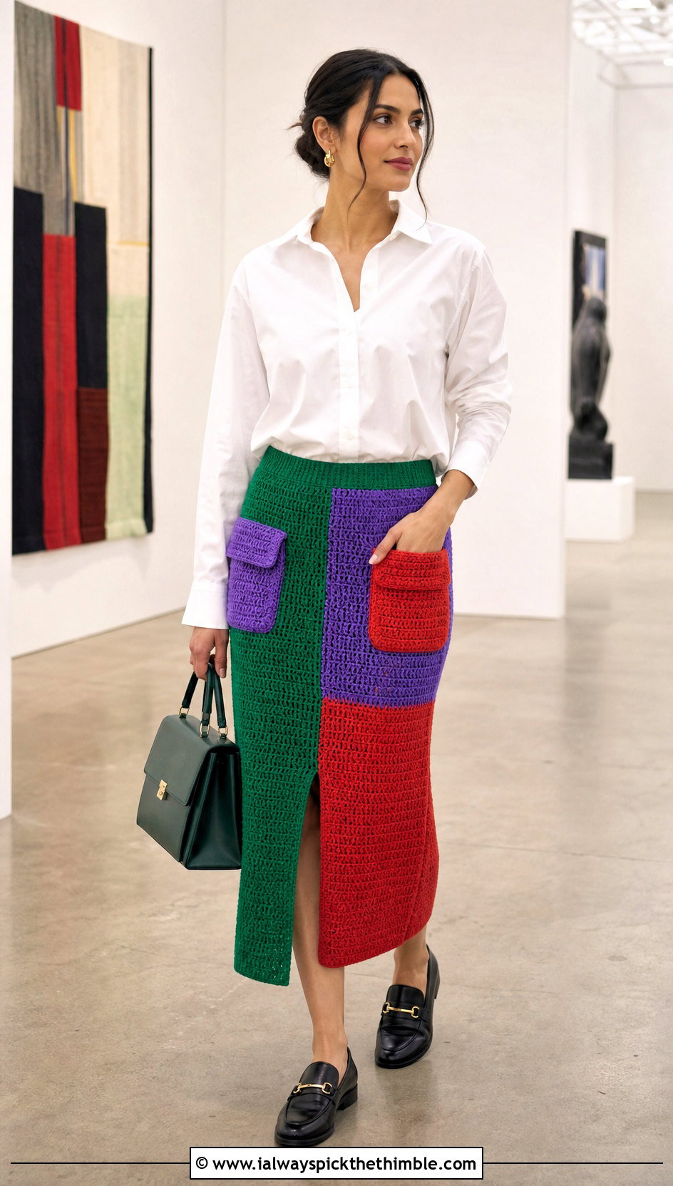 Color Block Crochet Cargo Skirt With White Shirt - 25 crochet cargo skirt outfit ideas