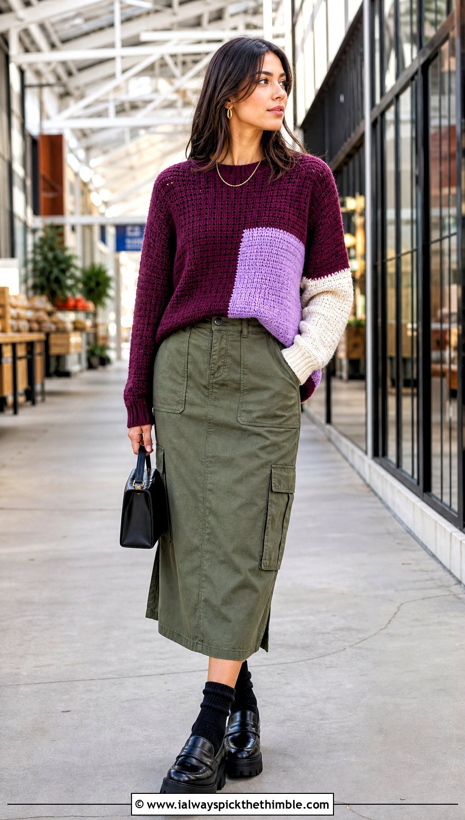 Color Block Crochet Cashmere Sweater With Cargo Midi Skirt - 20 crochet cashmere sweater outfit ideas
