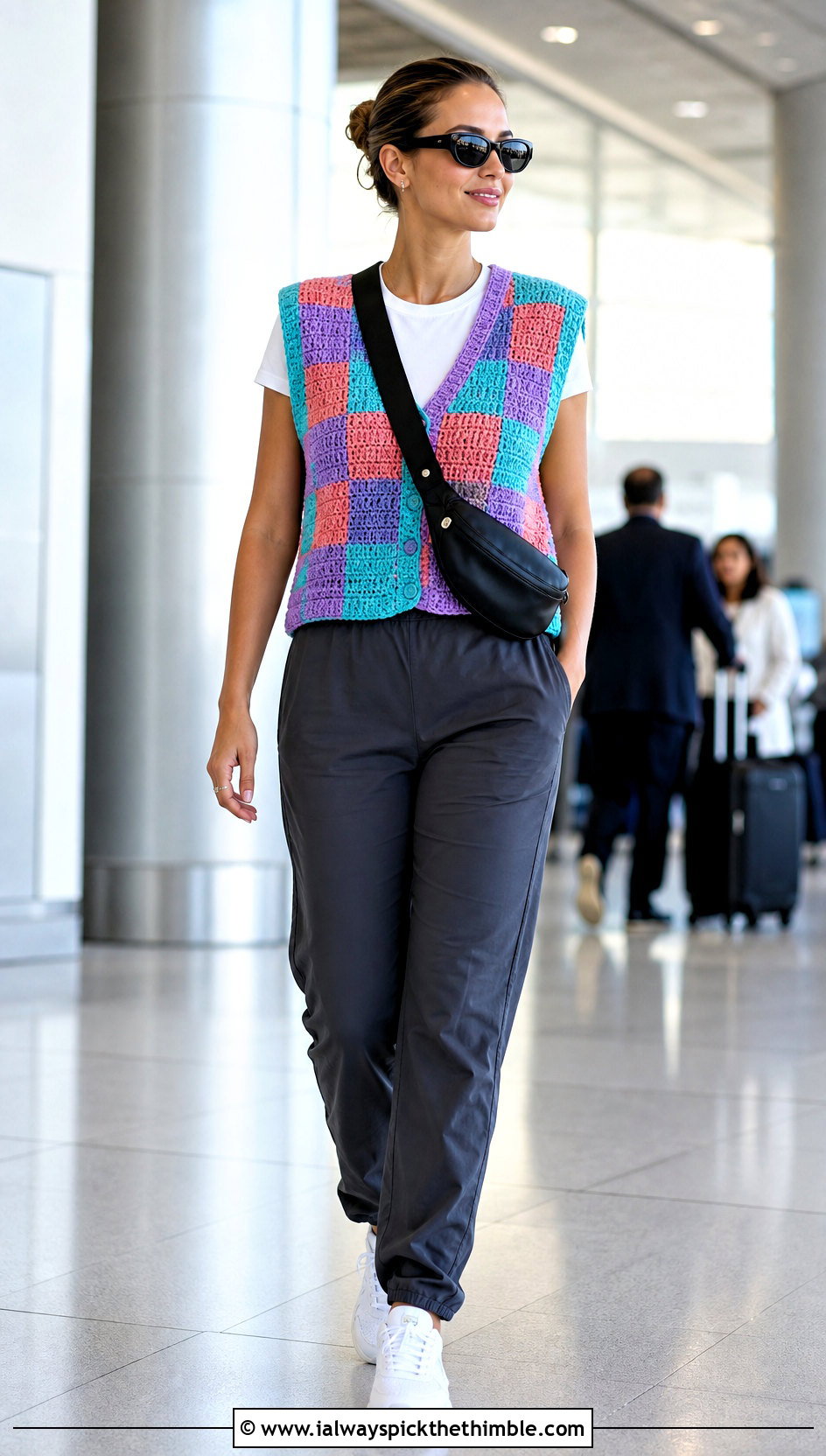Color Block Crochet Checkered Vest With Track Pants - 15 Crochet Checkered Vest outfit ideas