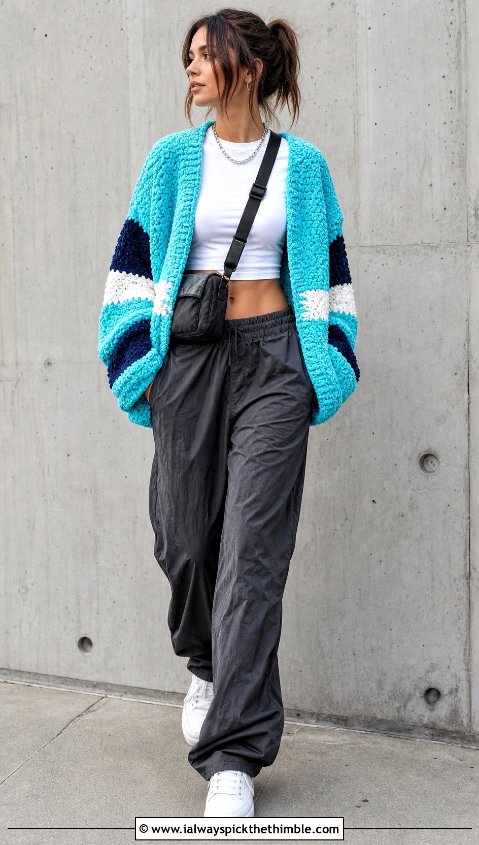 Color Block Crochet Chenille Cardigan With Parachute Pants - 20 crochet chenille cardigan outfit ideas