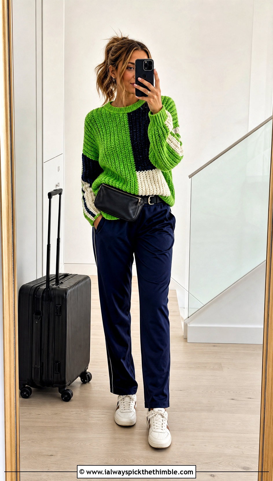Color Block Crochet Chenille Sweater With Track Pants - 20 crochet chenille sweater outfit ideas