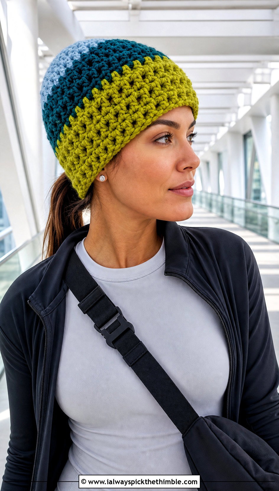 Color Block Crochet Chunky Beanie With Track Jacket And Joggers - 25 crochet chunky beanie outfit ideas