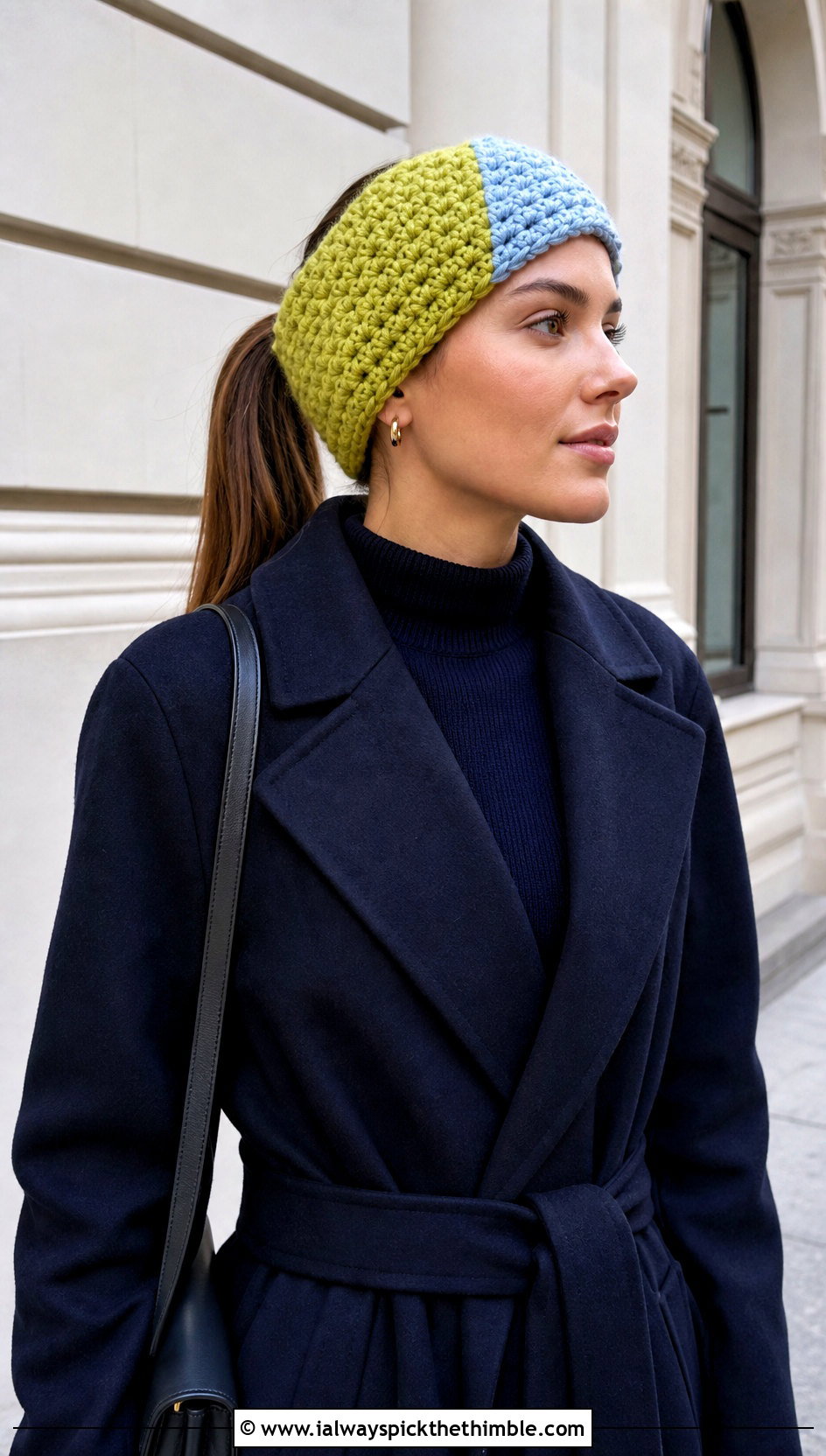 Color Block Crochet Chunky Ear Warmer With Minimalist Coat - 20 Crochet Chunky Ear Warmer outfit ideas