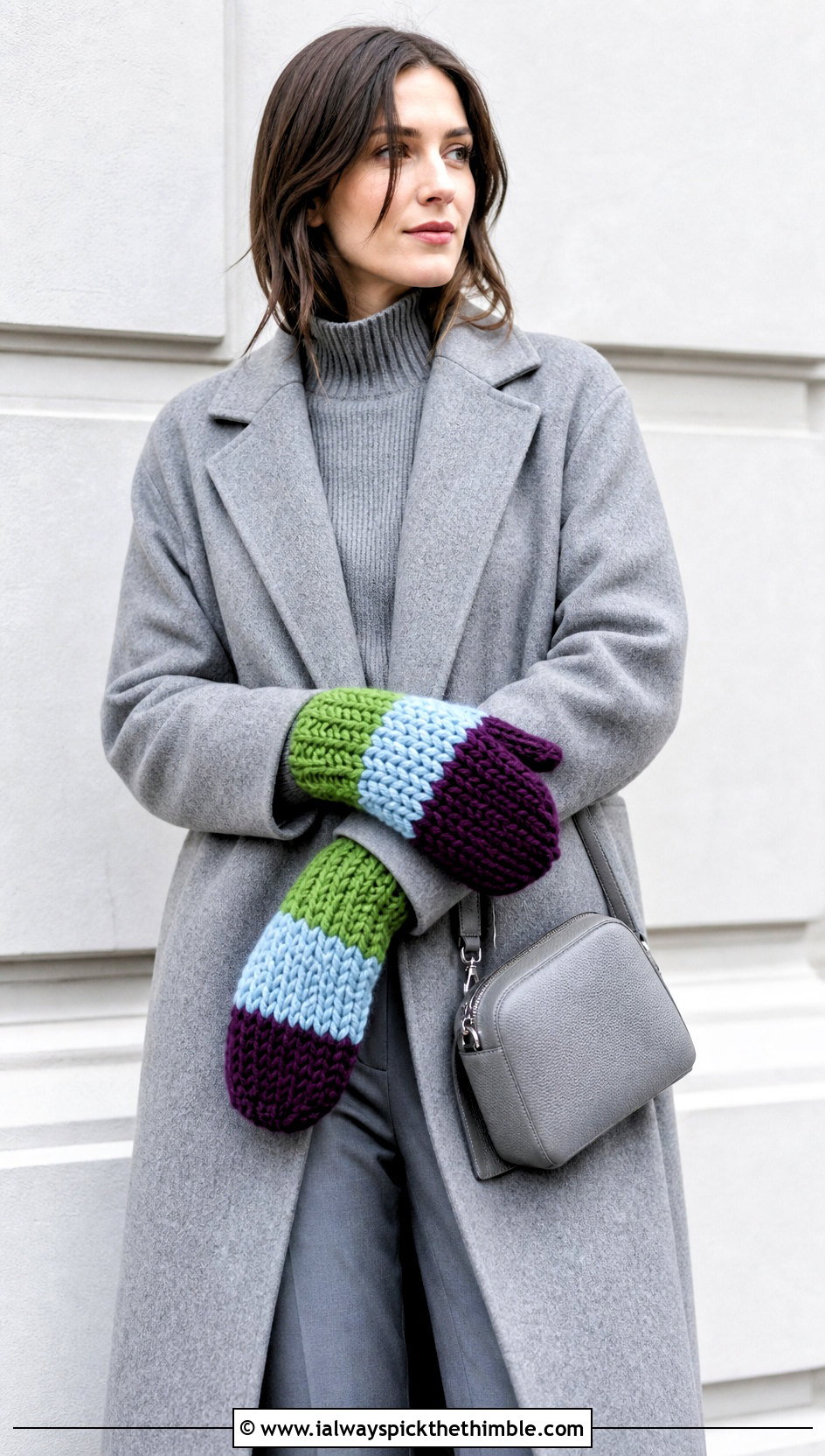 Color Block Crochet Chunky Mittens With Monochrome Coat Outfit - 20 crochet chunky mittens outfit ideas