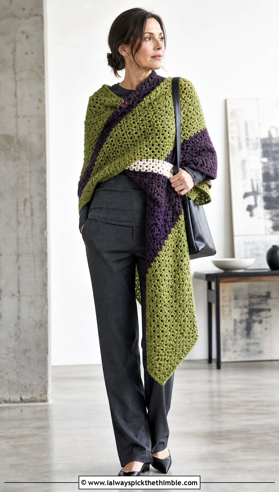 Color Block Crochet Chunky Shawl With Monochrome Basics - 20 Crochet Chunky Shawl outfit ideas